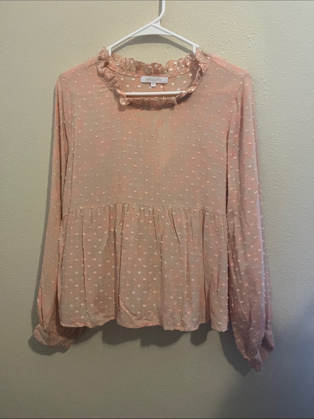 Olivaceous Peach Dot Ruffle Neck Peplum Blouse - Picture 1 of 5